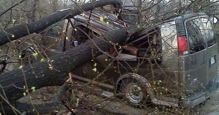 Video: Man films scary tornado damage from inside a crumpled van