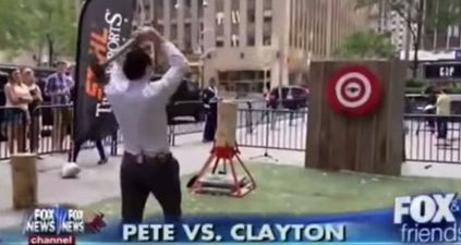 Video: Anchorman hits drummer with axe as stunt goes wrong