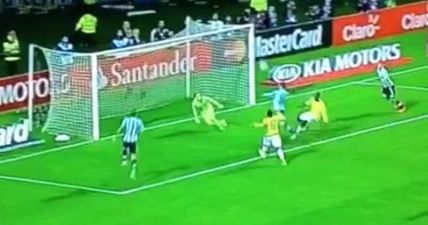 Arsenal’s David Ospina makes this fine double save from Lionel Messi and Sergio Aguero