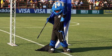 Football mascot shoved by player after pinning down pitch invader