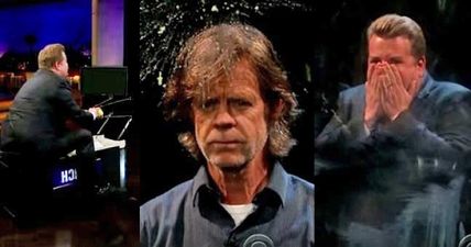 How does Hollywood star William H Macy not flinch taking fire from this fruit catapult? (Video)