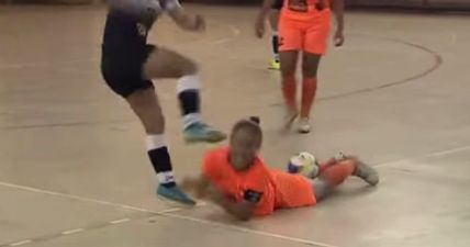 Female futsal player almost gets her head kicked clean off by brutal opponent…