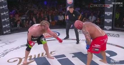 Cheeky MMA heavyweight tries the classic “your laces are untied” move (Video)