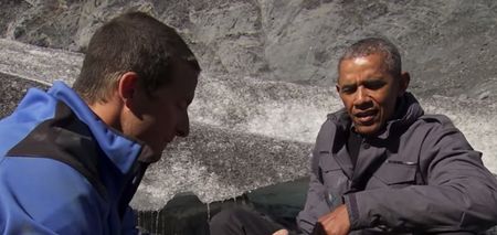 Watch Barack Obama tuck into a salmon carcass with Bear Grylls (Video)