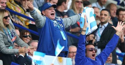 Diego Maradona was celebrating wildly in Leicester today as Argentina beat Tonga (Video)