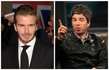 David Beckham looks far from happy as he poses with Noel Gallagher and a Man City flag (Pic)