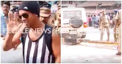 VIDEO: Ronaldinho narrowly avoids a nasty accident in India as traffic pole almost falls on car