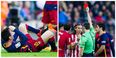 Watch the dangerous high tackle on Lionel Messi that earned Filipe Luis a red card…