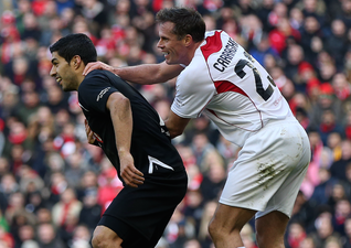 VIDEO: We’d love to know what Jamie Carragher said to Luis Suarez when they reunited