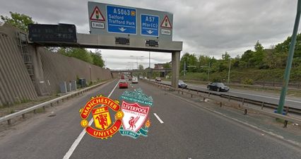 Banner reading ‘murderers’ greets Liverpool fans on motorway into Manchester