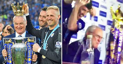 Shocked Ranieri is drenched with champagne by his players during press conference