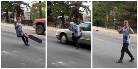 Skateboarder manages to avoid getting flattened by a car, but only just