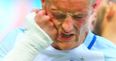 Vardy is so angry with himself for missing the target that he punches his own face