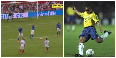 Mark Wright does his best Roberto Carlos impression with Soccer Aid’s opening goal