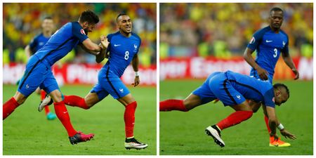 Olivier Giroud got a bit physical celebrating Dimitri Payet’s wondergoal