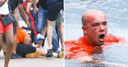 Battered England fan thrown into sea by Russian mob is filmed looking rather sorry for himself