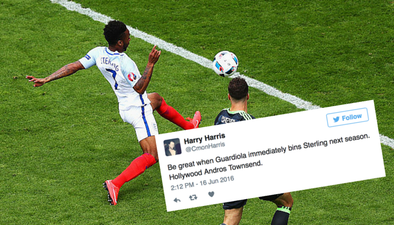 It only took England fans 10 minutes to go in two-footed in Raheem Sterling