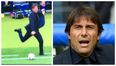 Furious Antonio Conte boots the ball away in disgust during Italy’s 2-0 victory