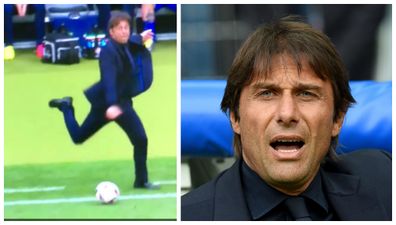 Furious Antonio Conte boots the ball away in disgust during Italy’s 2-0 victory