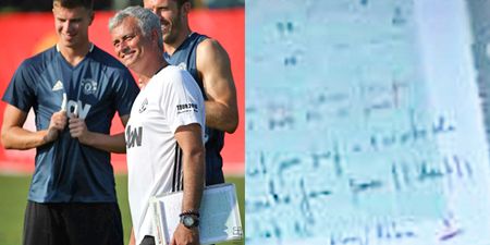 D’oh! Mourinho’s clipboard notes are clearly visible in Man United training