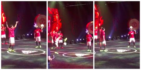 Juan Mata more than holds his own against a freestyler at the United kit launch