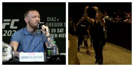 Nate Diaz walked out as Conor McGregor hurled bottles at him in explosive press conference