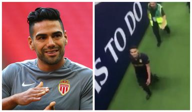 Radamel Falcao reminds taunting Spurs fans of the score as he leaves Wembley pitch