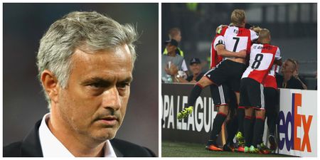 José Mourinho’s face is a picture after Feyenoord fans sing You’ll Never Walk Alone