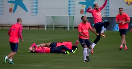 Barca players celebrate like they have won the title after beating MSN in this training game