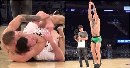 Conor McGregor sinks basket and rear naked choke in UFC 205 open workout