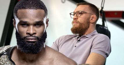 Tyron Woodley trying his hardest to provoke a response from Conor McGregor