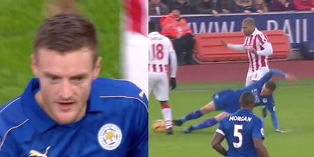 Jamie Vardy sent off against Stoke for this two-footed challenge