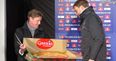 Jurgen Klopp looks utterly bemused as he is presented with giant Ginsters pasty after Cup win