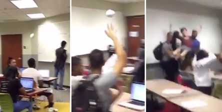 Student absolutely nails an outrageous no-look trick shot in class