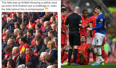 Liverpool fan brings his own yellow card to the Merseyside Derby