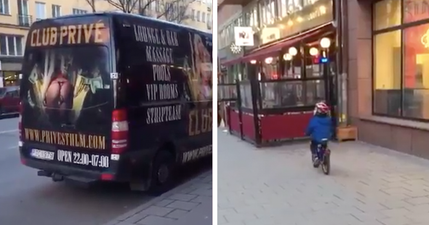 Little kid gets totally busted staring at strip club van, crashes his bike in the process