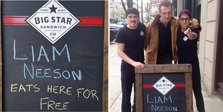 Coffee shop offers free food to Liam Neeson, the great man shows up