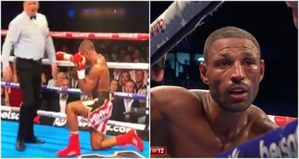 Kell Brook takes a knee after his eye is left almost completely closed