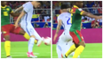 Watch as Cameroon player quite literally tackles the shorts off his Chilean opponent