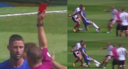 Chelsea’s Gary Cahill given straight red for lunging in on Burnley’s Steven Defour