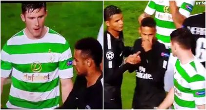 Neymar laughs and refuses to shake the hand of Celtic’s Tony Ralston at full-time