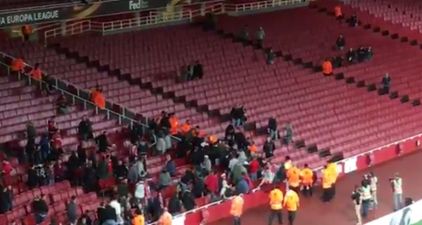 FC Köln supporters fight with stewards inside Emirates ahead of Arsenal match