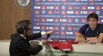 WATCH: Antonio Conte shows the restraint of a saint after being handed signed Man Utd jersey by “journalist”