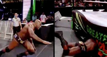 WWE wrestler Titus O’Neil spectacularly faceplants on his way to the ring, ends up underneath it