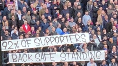 Crystal Palace fans unveiled a banner in support of safe standing at Selhurst Park today