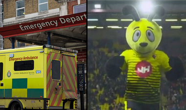 Watford’s mascot Harry Hornet has broken his arm while taking a penalty