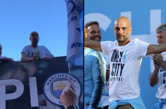 Pep Guardiola throws beer to fan from bus during Man City title celebrations