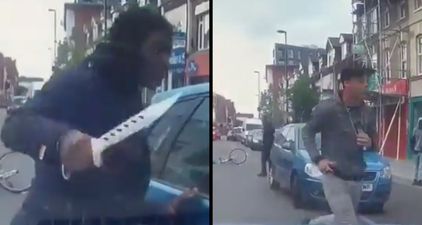 Terrifying road rage incident: Cyclist attacks car with huge zombie knife