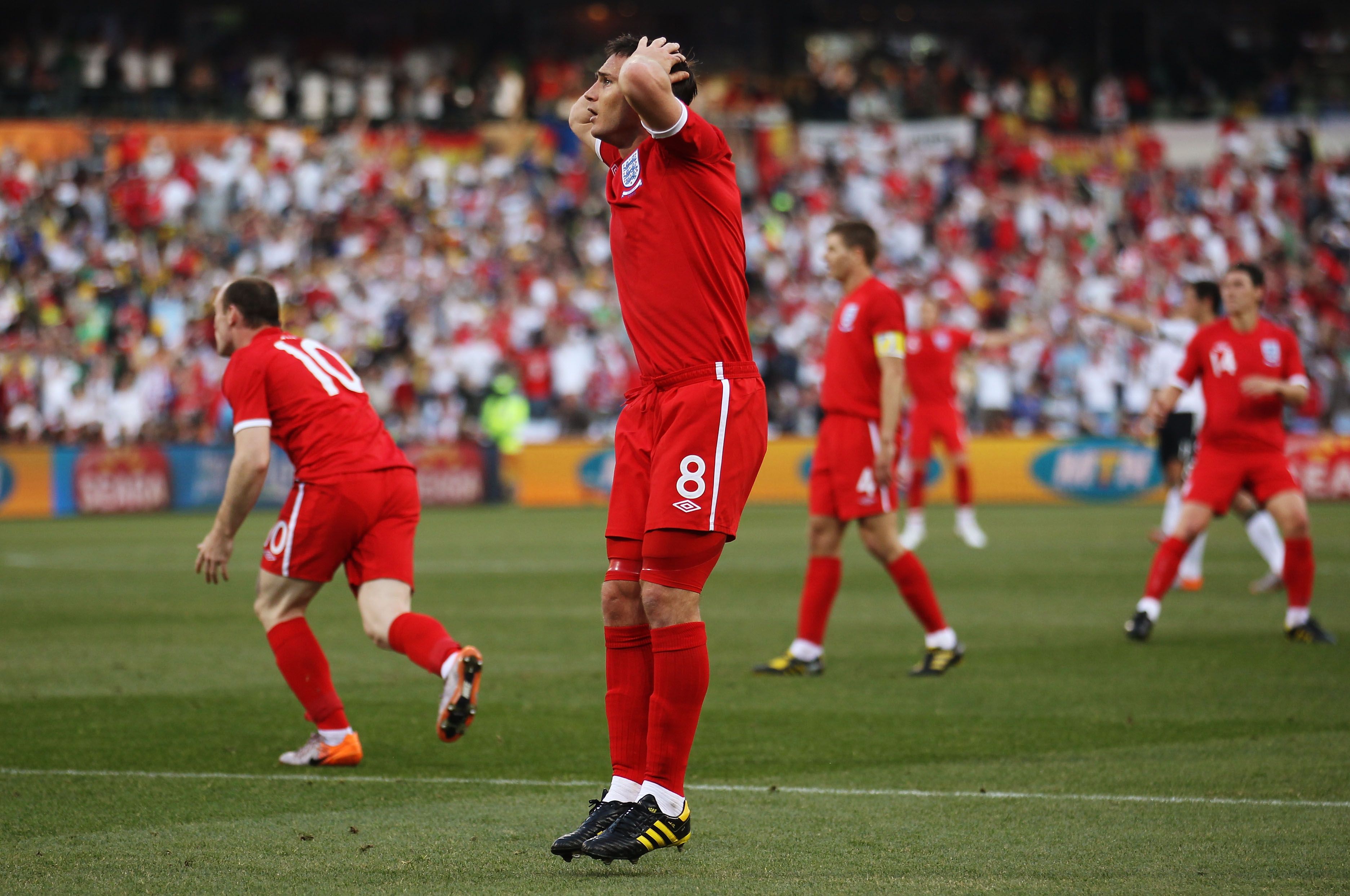 BLOEMFONTEIN, SOUTH AFRICA - JUNE 27:  Frank Lampard of England is stunned after his goal is disallowed during the 2010 FIFA World Cup South Africa Round of Sixteen match between Germany and England at Free State Stadium on June 27, 2010 in Bloemfontein, South Africa.  (Photo by Joern Pollex/Getty Images)