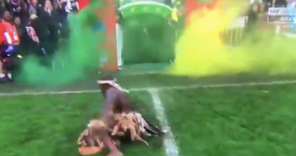 South African tribal dancers try to frighten England Rugby team, slip all over soaking wet pitch